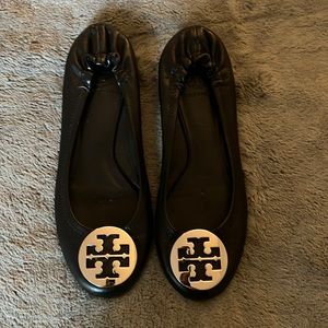 Tory Burch Reva Ballet Flat Black Leather with Silver Logo - Size 8.5